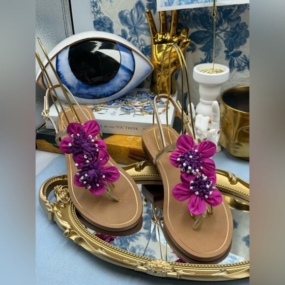 🆕 CHICO'S 🧿 NWOB Sunset Flower Sandal, Pink Hand Beaded Flower Detail - Sz 7US - Picture 5 of 13